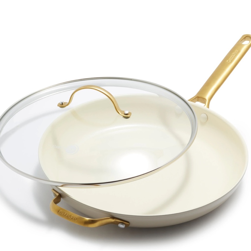 GreenPan 12” Reserve Ceramic Frypan with lid in the color taupe.